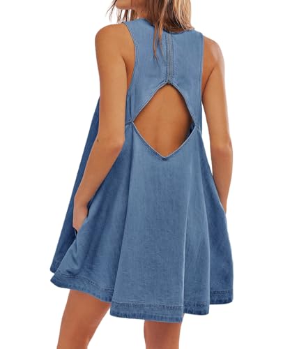 Vidifid Vestido de mezclilla casual sin mangas para mujer, cuello redondo, vintage, babydoll, mini vestidos con bolsillos, Azul oscuro, XL