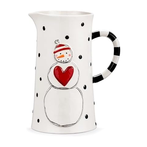 DEMDACO Heartful Home Holiday Snowman Polka Dot White, Black, Red 64 Ounce Stoneware Festive and Functional, Kitchen Counter or Tabletop Décor, Christmas Beverage Serving Pitcher Cover
