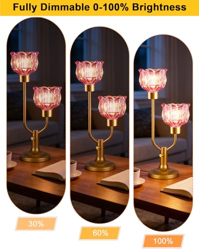 Image of Lightdot Mid Century Modern Table Lamp Vintage Flower Lamp Gift Dimmable | Pink Glass Nightstand Lamp Gold Desk Lamp 2 Bulbs Included Warmwhite Ambient Bedside Lamps for Bedroom Living Room Home Decor