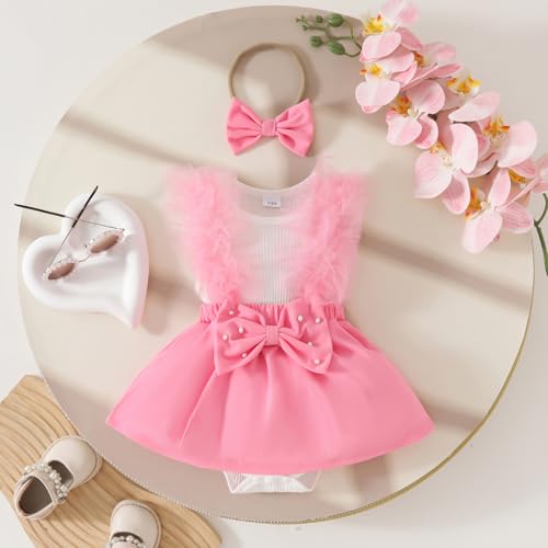 Baby Girl Summer Outfits Sleeveless Pearl Bow Front Romper + Headband Set Newborn Clothes Set2