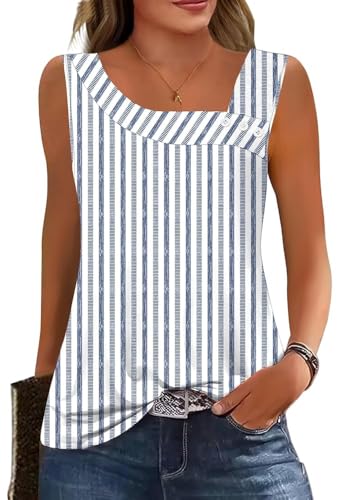 GUNEST Womens Striped Blue White Summer Tank Tops Square Asymmetrical Neck Sleeveless...