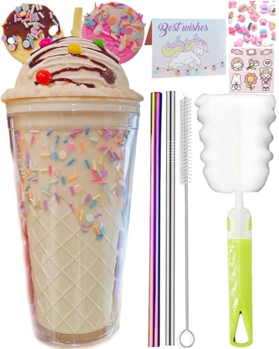 seelucky Vaso de viaje de unicornio con pajita, taza de chocolate para hielo, taza de café con leche, taza de plástico para picnic, fiesta, regalo de cumpleaños (oreja de galleta de helado, amarillo,