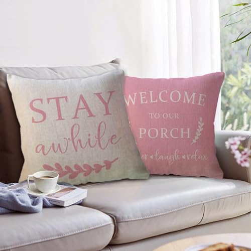 ULOVE-LOVE-YOURSELF-Porch-Decor-Throw-Pillow-Covers-18x182Pack-Country-Farmhouse-Pillowcases-Welcome-to-Our-Porch-Stay-Awhile-Front-Porch-Bench-Decor-Cushion-Covers-Pink ULOVE LOVE YOURSELF Porch Decor Throw Pillow Covers 18x182Pack Country Farmhouse Pillowcases Welcome to Our Porch Stay Awhile Front Porch Bench Decor Cushion Covers Pink