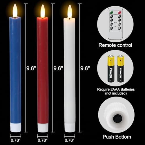 Image of Wondise Patriotic Candles Flameless Taper Candles with Remote & Timer, Red White and Blue Candles Battery Operated 3D Wick Real Wax LED Flag Candles for Independence Day Decoration