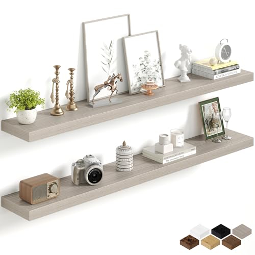 Image of Fun Memories 55Inch Long Floating Shelves, 8 Inch Deep Shelves for Bedroom|Living Room, Wall Mounted Wood Hanging Shelf with Invisible Brackets for Fireplace Mantel Home Storage Decor, Grey - 2 Pack