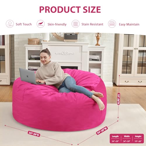 3FT Bean Bag Chair, Comfy Bean Bag Chairs with Memory Foam Filled, Fluffy Beanbag Sofa with Dutch Velvet Cover, Round BeanBag Chairs for Living Room, Playroom - Pink