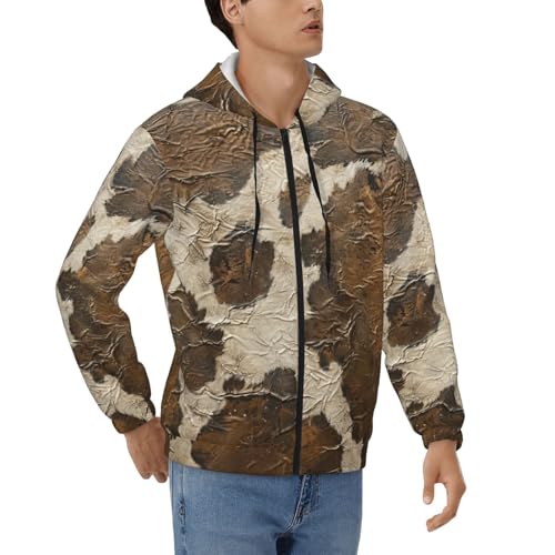 Sweat à capuche zippé en polyester doux et motif artistique vache marron