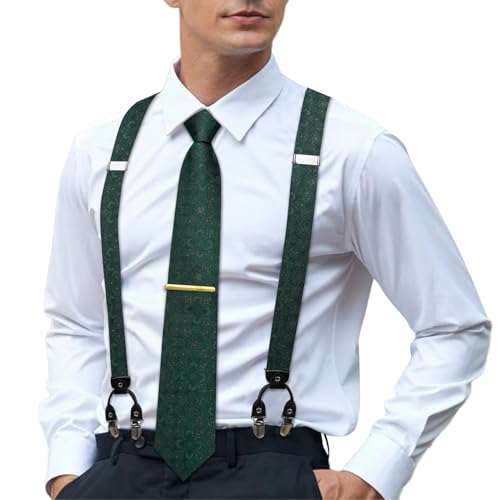 Image of Hi-Tie Men's Suspenders and Tie Set Silk Adjustable Elastic Y Braces with Strong 6 Clips Pocket Square Set
