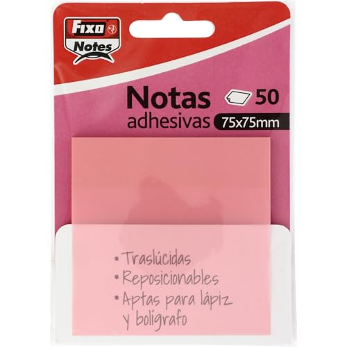 Fixo Notes | Notas Adhesivas Transparentes | 50 Notas de 75x75mm | De Plástico | Color Rosa Pastel | Reusables e Impermeables | Para Amantes de la Papeleria Aesthetic | Ideal como Material Escolar
