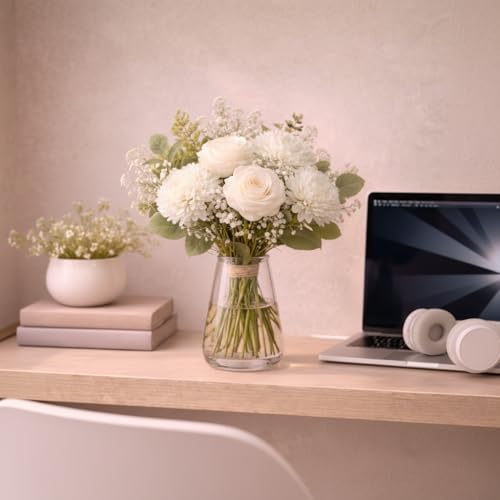 Image of Premium Artificial Flower Bunch - Mum, Rose & Lotus with White Baby Breath | Realistic Fabric Petals | Artificial Flowers for Vase | Home Decoration Items for Living Room & Bedroom | White