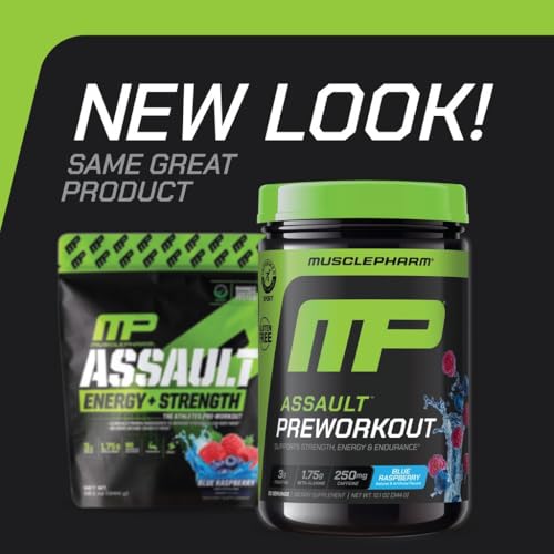Image of Muscle Pharm Assault Pre Workout Powder for Men & Women - Packed with Beta Alanine, Caffeine, Creatine & Betaine Anhydrous - Endurance & Strength Booster- 30 Servings, Blue Raspberry Flavor