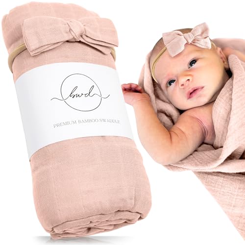 Image of Premium Swaddle Blanket by BWD - Bamboo Viscose & Organic Cotton - Baby Girl Swaddle Set for Newborns and Infants, Muslin Baby Blanket, Ultra-Soft Luxury - 47 Inches (Dusty Blush)