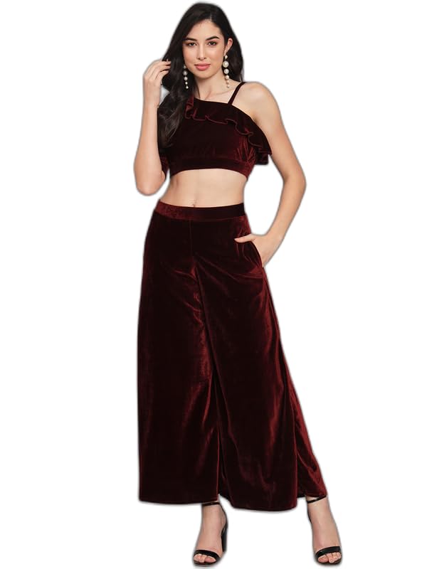 Image of Vaararo Velvet Co-Ords for Women | One Sleeve Crop Top with Palazzo Set Casual Party Dress