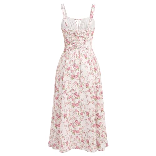 Image of Women Floral Corset Dress, Boho Summer Spaghetti Straps Square Neck Casual Midi Dress Flowy Slit Bustier Dresses Corset Dress Formal Milkmaid Sundress Corset Back Dress White+Pink Floral XS