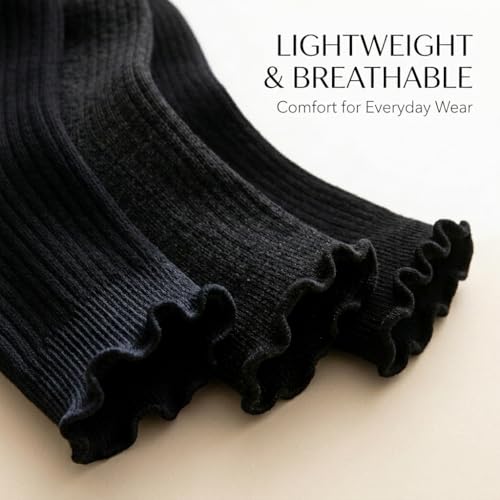 Image of Tipi Toe Women's 6 Pairs Quarter Crew Socks - Lightweight Solid Color Turn-Cuff Ruffle Lettuce Edge Dress Socks, Size 9-11
