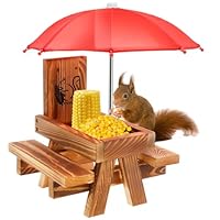KTCINA Squirrel Feeder with Umbrella, Wood Wooden Squirrel Picnic Table Feeder with Corn Cob Holder, Outdoor Wildlife Feeding Station Squirrels House Garden Ornament for Birds and Squirrels