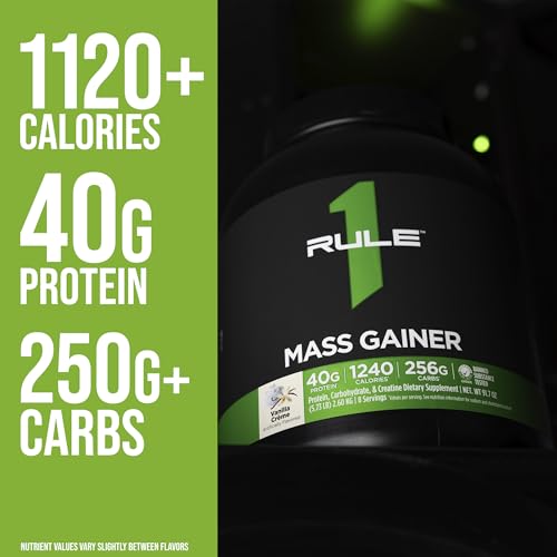rule 1 mass gainer - high-calorie weight gain formula with 1220 calories 250g complex carb blend 40g all-whey protein per serving 8 servings vanilla crme