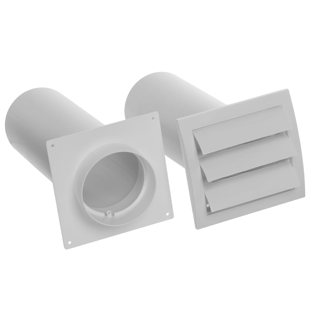 Ø 125mm Kit de Ventilación Mural - Tubo Telescópico de Plástico - Rejilla de Ventilación con Persianas Automáticas y Mosquitera