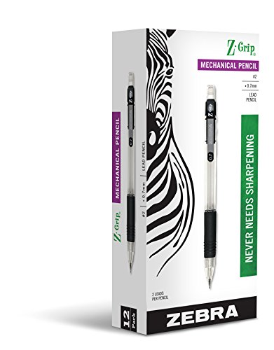 Zebra Z-Grip Mechanical Pencil, 0.7mm Point Size, HB #2 Graphite, Black Grip, 12 Pack