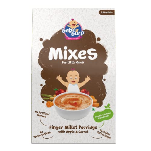 Image of BE'BE' BURP - Cereals | Mix Porridge Finger Millet Porridge with Apple & Carrot | No Sugar No Salt | No Artificial Preservatives & Flavours | Real Fruits & Vegetables | 200gm