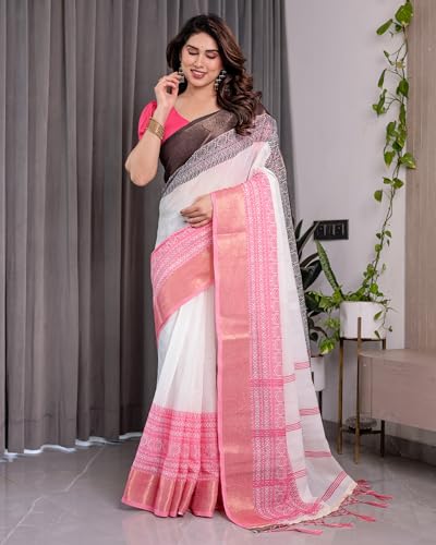 Image of ALMAARI FASHION Handloom Cotton Linen Saree for Women with Floral Printed Design and Tassel Pallu, Traditional Ethnic Lightweight Saree for Daily Office Festive with Blouse Piece