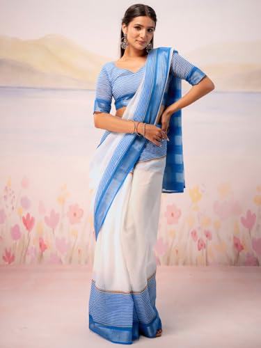 Image of Satrani Women's Linen Printed Ready To Wear Saree with Unstitched Blouse Piece