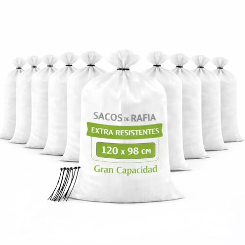 Sacos para Escombros 120x98 cm de Rafia PP Blanca Extra Resistentes – 10 Sacos de Construcción Grandes para Jardín, Obras y Residuos – Alta Capacidad y Durabilidad – Bridas de Cierre Incluidas