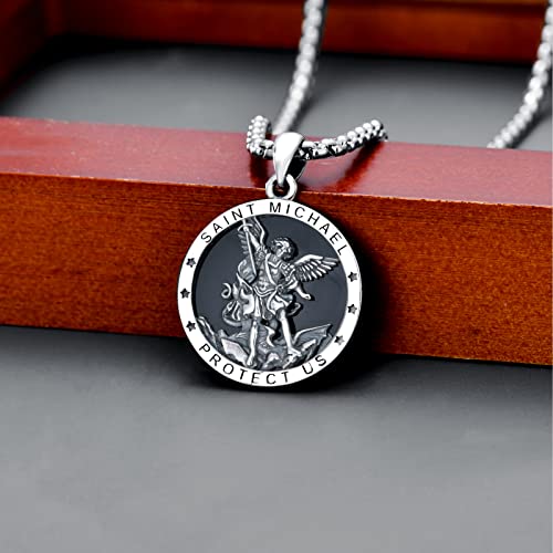 Black Onyx St Michael Necklace For Men 925 Sterling Silver Round Saint Archangel Michael Medal Medallion Protection Jewelry Fathers Day Gift #TOP3