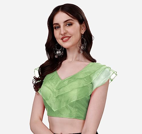 Image of Pujia Mills Women's V Neck Orgenza Three Layer Ruffle Sleeve Frill Readymade Saree Blouse