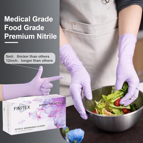 FINITEX Nitrile Disposable Latex-Free Gloves Purple - 5mil 100PCS/Box Powder-Free 12inch Guantes de Nitrilo Cleaning Medical Exam Food Cooking Glove (Medium, Box of 100)