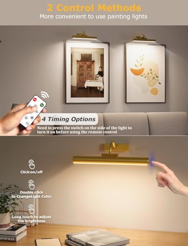 Picture Light Battery Operated, 13in Wireless Art Light for Paintings, Dimmable 5000mAh Recharging Battery Picture Light with Remote Control for Wall, Gallery Dartboard Art Bedroom (Gold-2Pack)