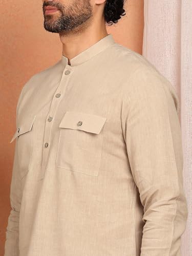 Image of See Designs Men's Full Sleeve Mandarin Collar Linen Solid Pathani Set