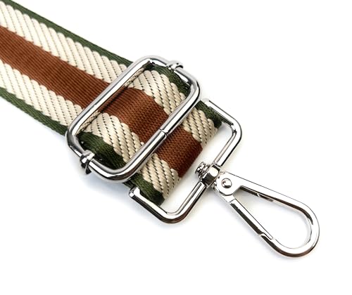 Image of Green Beige Brown Stripe Purse Strap with Silver Hardware 1-1 /2 Inch Wide Replacement Crossbody Guitar Style Shoulder Strap for Handbags Totes