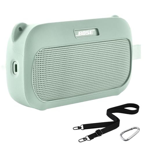 for Bose SoundLink Flex (第 2 世代) ワイヤレス スピーカー シリコン ケース、SoundLink Flex スピーカー用バックルと肩ストラップ付き旅行保護シリコン ケース (グリーン)