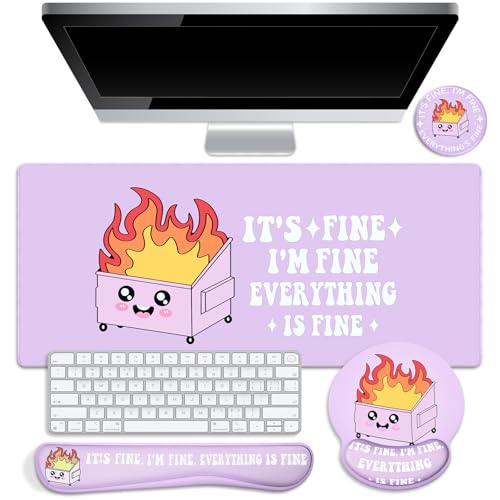 Kingdder 4 Pcs Dumpster Mouse Pad Kit Mouse Wrist Rest, Purple Funny Cute Fire Large Desk Mat, Keyboard Wrist Rest, Coaster, Ergonomic Desk Mat Gaming Work Home Office Accessories Supplies Decor