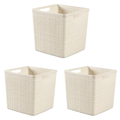 CURVER Juliet- Cesta Rectangular Cubo 17L, Almacenaje, Ordenación; 100% plástico Reciclado, Acabado Yute, 28x28xH27 cm, Blanco (Paquete de 3)