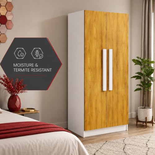 Image of Bniture 2 Door Wardrobe for Bedroom | Almirah for Clothes with 4 Shelves | Spacious Storage Cupboard for Bedroom | Wooden Wardrobe (46D x 80W x 182H CM) | 3 Years Warranty | Frosty White & Giant Wood