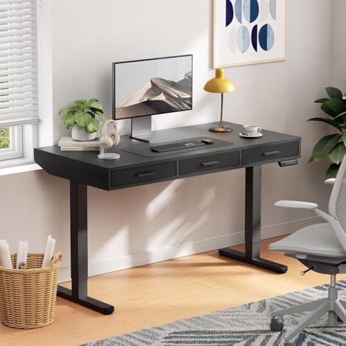 Image of HUANUO Electric Standing Desk with Drawers, C-Clamp Mount Compatible, 40 x 22 Inch Height Adjustable Sit Stand Desk, Fabric Drawers, Home Office Stand Up Desk with 4 Custom Height Settings, Black
