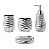 Silver Bathroom Accessory Set 4 Piece Ceramic Bath Accessories Sets Complete, Rain- Drop Shaped Bathroom Essential with Toothbrush Holder & Dish, Tumbler,Soap Dispenser Set for Bath Decor