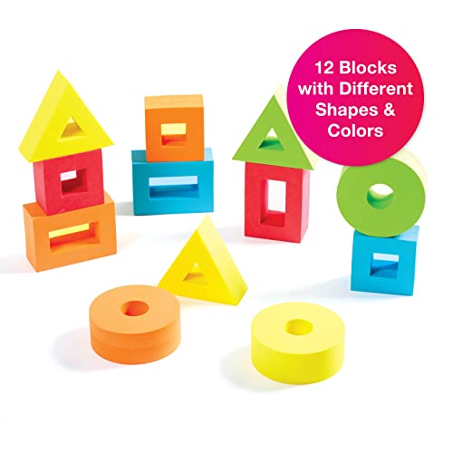 Image of Edushape Color Window Blocks - Set of 12 Baby Soft Blocks with Peek-a-Boo Tinted Window - Large Colorful Building Blocks for Toddlers 1-3 - Stacking Blocks for Construction Play and Child Development