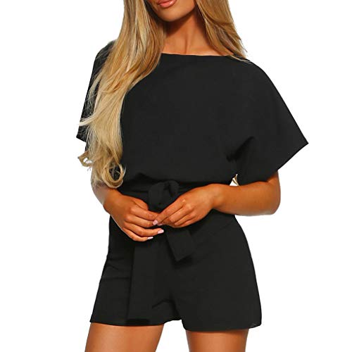Qians Womens Casual Short Sleeve Belted Jumpsuit Long Pants Back Keyhole Overall Romper Playsuit Black