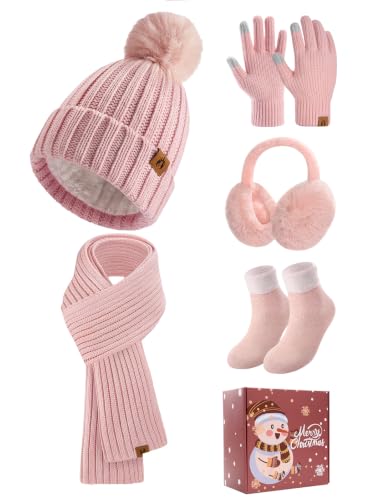 Image of heekpek Hat and Scarf Set for Women 5 PCS Winter Set in Gift Box Knitted Beanie Hat Earmuffs Long Scarf and Touch Screen Gloves Thermal Socks Gift Set for Skiing Outdoor Sports, Pink, One Size
