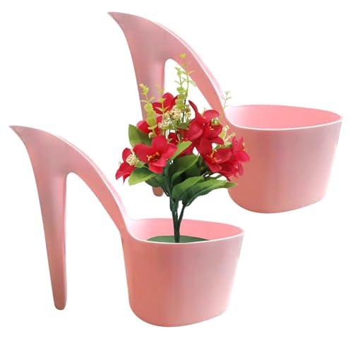 Lesunbak 2 High Heel Flower Pots, Unique Shaped Planter FunnyPlastic Shoes Plant Nursery Pots Cactus Pots Lightweight Bonsai Pot Plant Container For Indoor Outdoor Office Pink