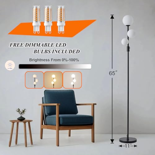 Image of Fiqevs Upgraded Dimmable 3 Globe Mid Century Modern Floor Lamp, 3 x 3000K Warm Light LED Bulbs Included, Matt Black Standing Lamp with Sphere Glass Shade, Vintage Tall Lamp for Living Room, Bedroom