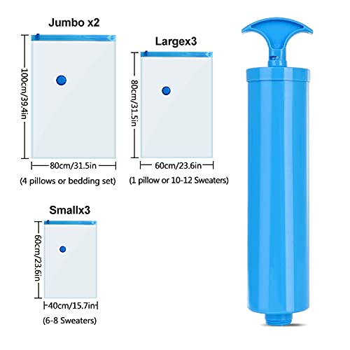 Gaoyong Vacuum Storage Bags,Vacume Pack Storage Bags for Clothes Duvets Bedding Travelling Pillows (Include hand pump, 2*Jumbo 3*medium 3*small)