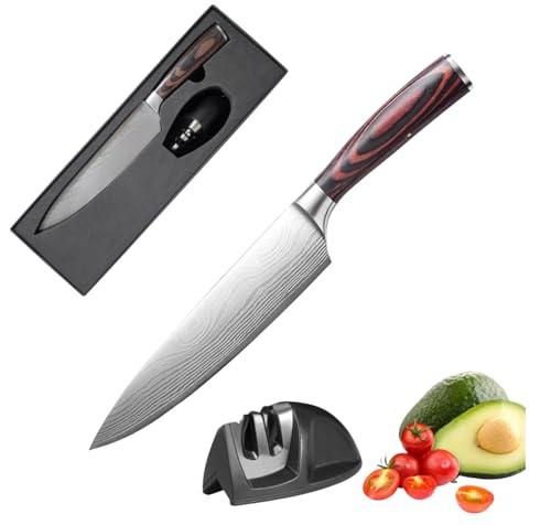 Image of Chef Knife With Knife Sharpener, Kitchen Knife 8 inch Professional, Ultra Sharp with Long Lasting Blade, High Carbon Stainless Steel Chopping, Carving Knife Brown Pakkawood Handle with Gift Box