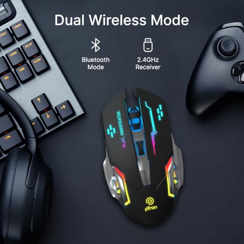 Image of pTron Flick M2 Wireless Gaming Mouse w /RGB Lights, Precision Tracking, Dual Wireless Modes-BT & 2.4GHz, 6 Buttons, Thumb Support, Rechargeable, Ergonomic Design for Laptop, Smartphone, Tablet (Black)
