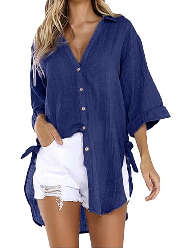 Image of Bozanly V Neck 3 /4 Sleeve Button Shirts Summer Beach Blouse Tops for Women