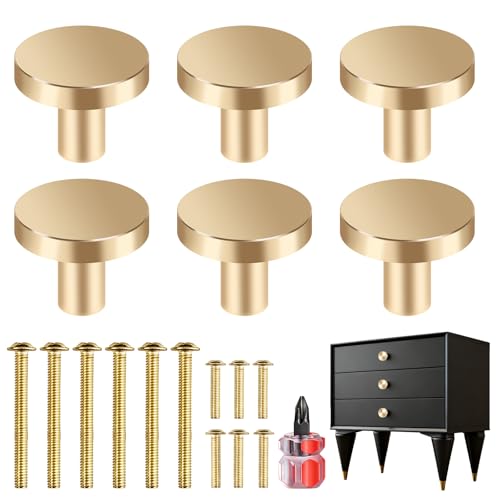 Itharon Set de 6 Pomo de Tirador de Un Agujero en Aleación de Aluminio – Pomo de Mueble Dorado para Armarios, Cómodas y Cajones, Incluye Mini Destornillador y Accesorios de Montaje (Dorado)