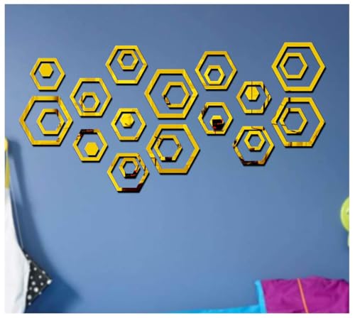 Image of Bikri Kendra - 6set Hexagon Ring Designed Gold Mirror Stickers for Wall, Acrylic Mirror Wall Decor Sticker, Acrylic Stickers, Wall Stickers for Hall Room, Bed Room, Kitchen
